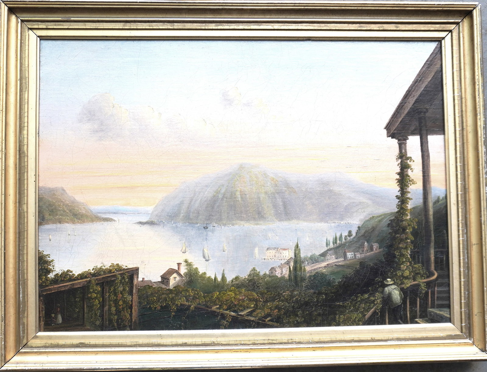 O/C Hudson River landscape in the school of William Bartlett depicting a view from the Ruggle's: O/C Hudson River landscape in the school of William Bartlett depicting a view from the Ruggle's House in Newburgh NY, circa 1830 (see letter from Godel & Co. Fine Art, describing this view. It depicts