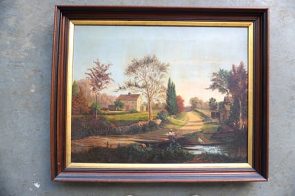 O/C Country farm genre scene with farmhouse, barn, chickens, ducks, and boy sitting on wooden bridge