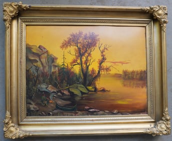 A primitive luminous O/B country landscape, possibly Catskill Mountains, depicting a Native American