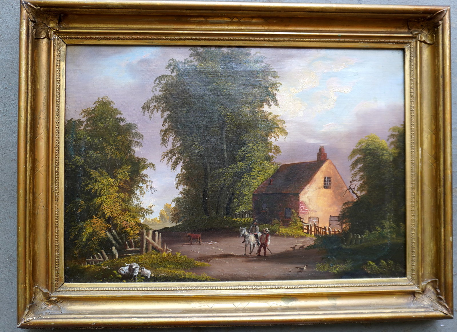 O/C Hudson Valley landscape with stucco covered brick house by roadside with man an horseback: O/C Hudson Valley landscape with stucco covered brick house by roadside with man an horseback talking to another man. The scene also with cow crossing road, ducks and sheep feeding. Very good conditio