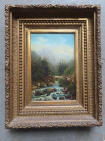 A very fine oil on walnut wood panel, mountain landscape with stream emanating from mountains in