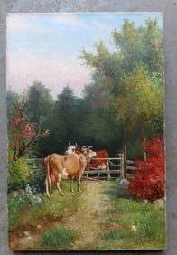 Delbert Dana Coombs (1850 - 1938) was active/lived in Maine. O/C Portrait of 2 cows standing by