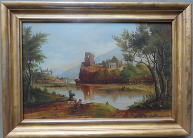 O/B Country landscape with men fishing in lake, and background decorated with houses on hill, stone