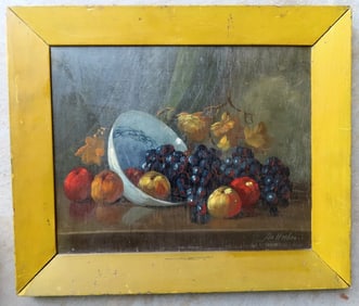 Dutch O/B Still life of a bowl of spilled fruit on table, 19th century.