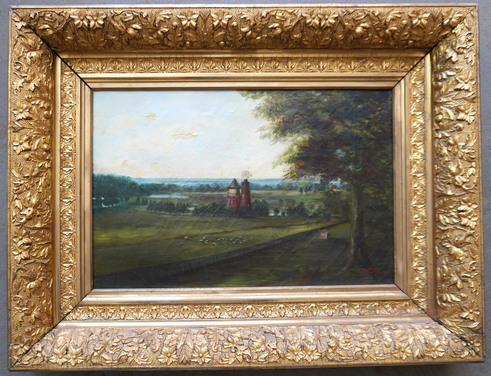 O/C Country farm scene, probably Hudson Valley depicting windmill adjacent to grain storage: O/C Country farm scene, probably Hudson Valley depicting windmill adjacent to grain storage building, chickens feeding in large fenced in area and river and mountains in the far distance, signed lower