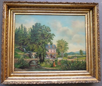 O/C A very fine country homestead scene with stream and waterfall flowing under an arched stone