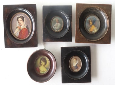 Grouping of 5 miniature portraits, circa 1850-1880. Most with identification information on reverse
