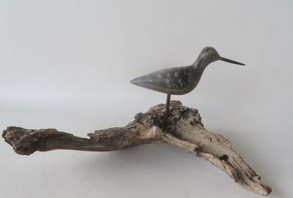 Miniature carved wooden shorebird in original paint, with small nail eyes, impressed mark of "S" in