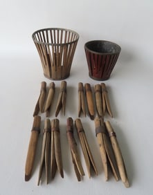Grouping of country collectibles including: 2 berry baskets, possibly Shaker, with wooden openwork