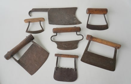 Grouping of 6 early food choppers and a meat cleaver, all 18th/19th century, most hand forged iron.
