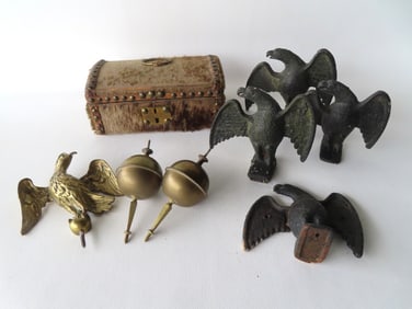 Five country items including: An early brass spread wing eagle finial, 19th century - good condition