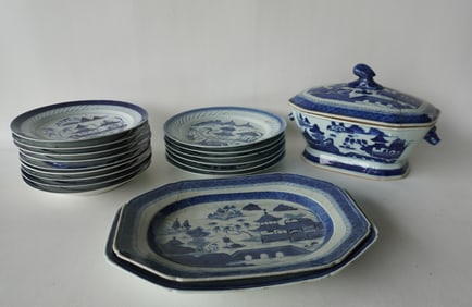A grouping of Canton china including: soup tureen with old stapled repair to lid, base in very good