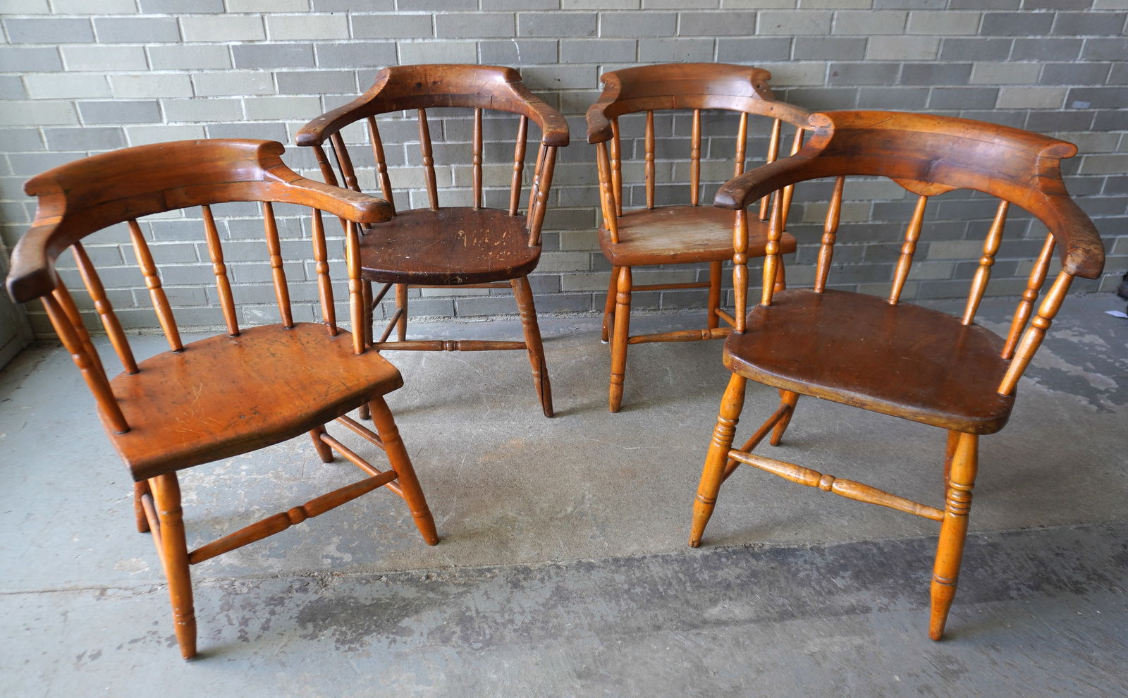 Assembled set of four 19th century firehouse chairs, all with use wear but overall good condition.: Assembled set of four 19th century firehouse chairs, all with use wear but overall good condition. The largest measures 23"W x 15"D x 30 1/2"H. Provenance: From an Ulster County NY resident, downsizin