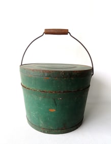 A primitive New Hampshire lidded bucket with wire and wood bale handle, stave construction with iron