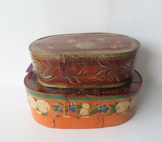Two Scandinavian bride's boxes in original paint, 19th century. The first decorated with hand