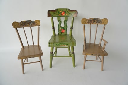 Three Sheraton style hand painted and stenciled doll chairs, circa late 20th century. The 2 matching
