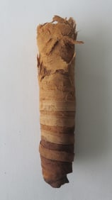 An ancient Egyptian mummified object wrapped in linen, possibly a bird or other small animal - has