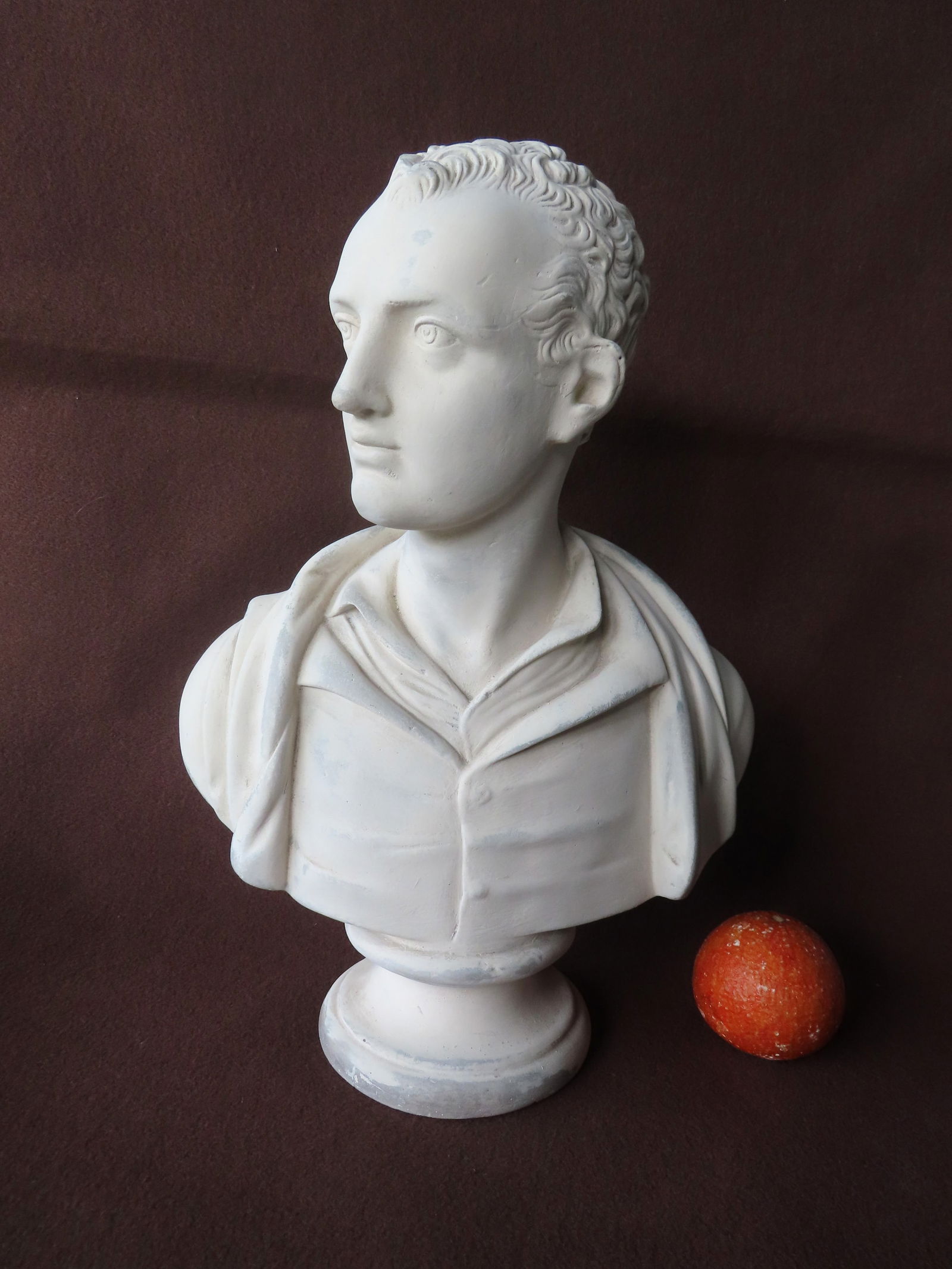 An parian or plaster bust of Lord Byron, signed on reverse that appears to read "Pub by N. Antonini: An parian or plaster bust of Lord Byron, signed on reverse that appears to read "Pub by N. Antonini August 1 1892 London". Partial white glaze, and in very good condition. Measures 17"H x 12"W. Proven