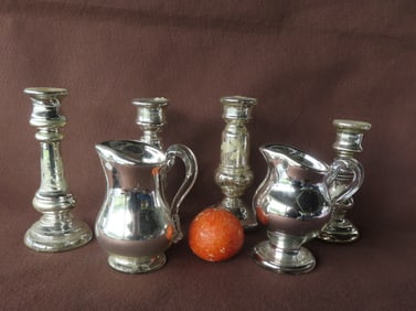 Grouping of 6 pieces of 19th century mercury glass, all hand blown, including 4 candlesticks with