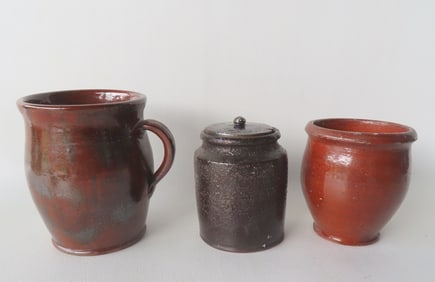 Three redware jars/pitcher, one with open top - use wear to rim, otherwise very good condition;