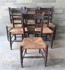 A set of 6 country rabbit ear country chairs in original paint with a back splat stencil decorated