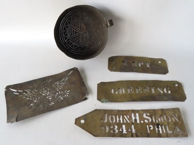 A grouping of country collectibles including a pierced tin sifter decorated win the base with a