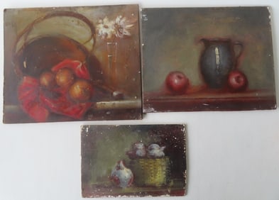 A grouping of 3 O/B Still lifes, not framed, not signed, circa 1930-50. The all need cleaning and