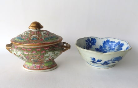 Two oriental porcelain bowls including: A small Chinese export Rose Medallion tureen on footed base