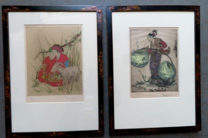 Else Ashe Lord, England 1900-1971. Two beautiful hand colored oriental lithographs, pencil signed by
