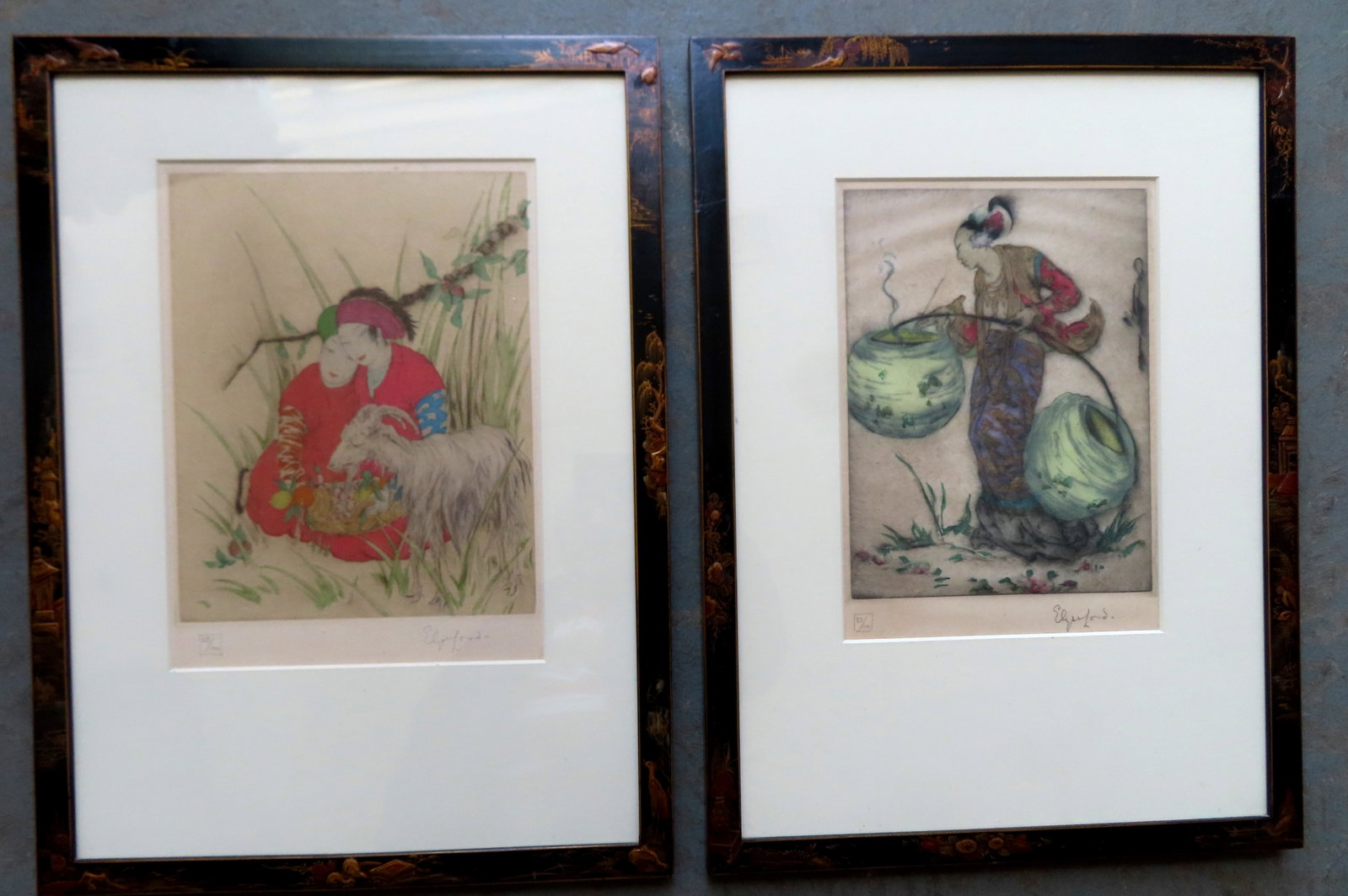 Else Ashe Lord, England 1900-1971. Two beautiful hand colored oriental lithographs, pencil signed by: Else Ashe Lord, England 1900-1971. Two beautiful hand colored oriental lithographs, pencil signed by artist in limited edition, 28/100 and 82/100, circa 1950. Both in original gilded and black lacquer