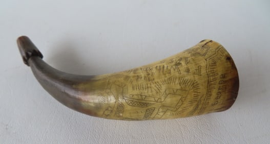 A scrimshaw powder horn engraved "Col. Jonathan Bagley / Lake George" and "Fort William Henry 1755"