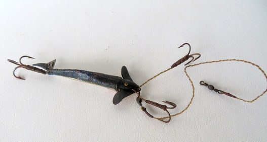 An early hand made and hand painted "Phantom Minnow" fishing lure with open mouth, red marks on
