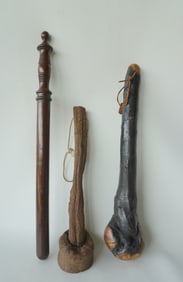 Three vintage wooden clubs, all 19th century and in very good condition, including: A primitive