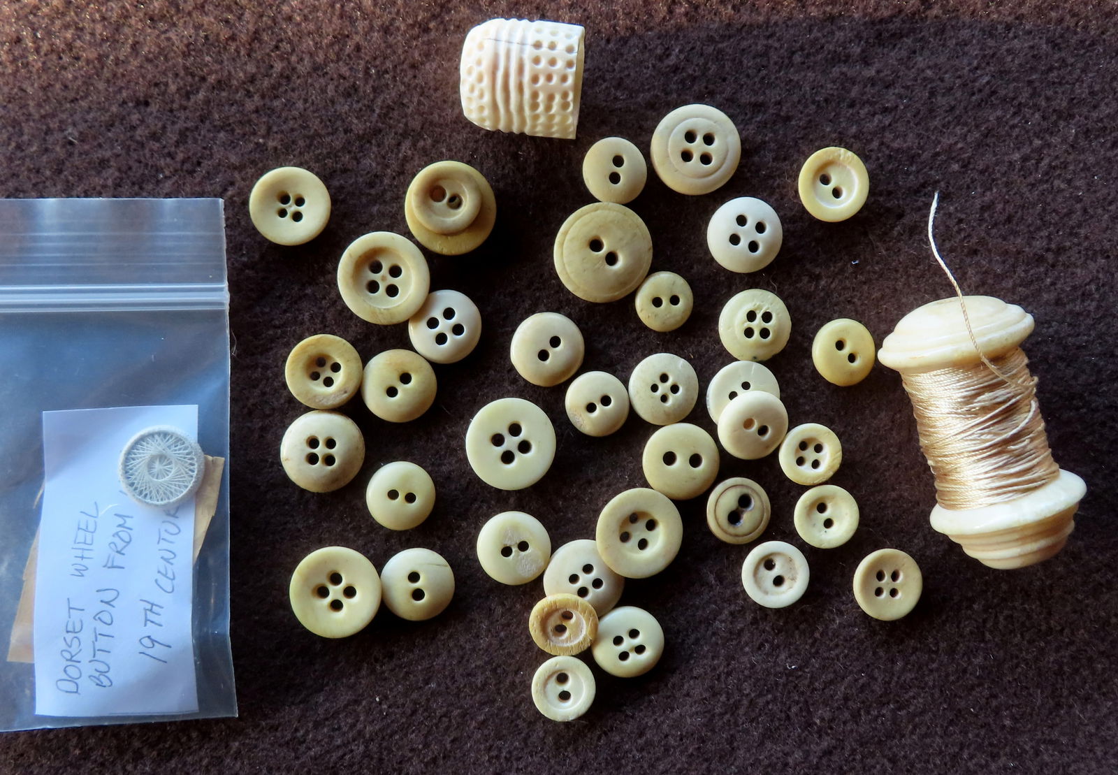 A grouping of ivory and bone buttons, a whale ivory spool for holding thread, a whalebone thimble, a: A grouping of ivory and bone buttons, a whale ivory spool for holding thread, a whalebone thimble, and a packaged Dorset cartwheel button from the UK, all 19th century. All items with good patina and