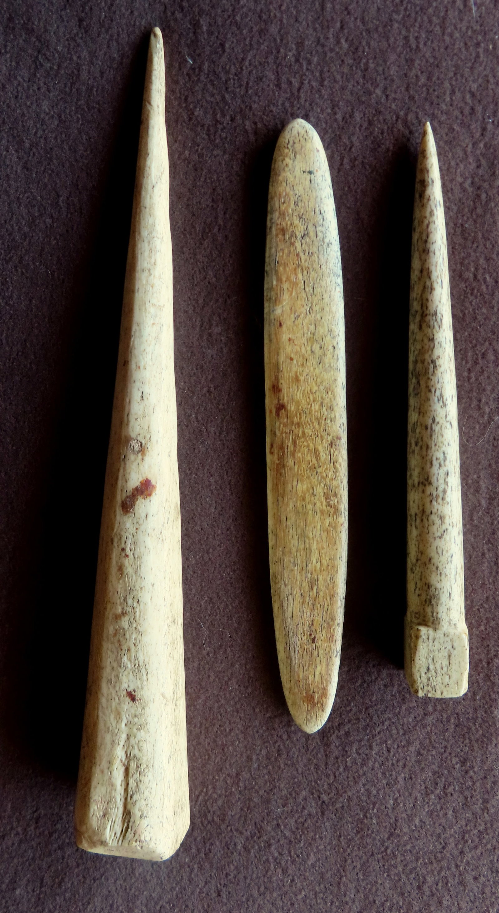 Three nautical whalebone fids - the largest 11 5/8"L, mid to late 19th century - all with: Three nautical whalebone fids - the largest 11 5/8"L, mid to late 19th century - all with good patina and use wear consistent with age. Provenance: From the estate of Jeff Raymond, Red Hook NY. Sold b
