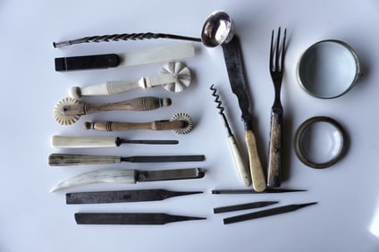 A grouping of domestic tools and implements including 7 with bone handles, 1 with stag horn handle,