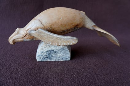A polished whalebone sculpture of a Right Whale. Light patina, minor staining - circa 1950. Not sign