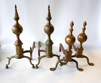 Two pair of early brass andirons. Chippendale signed Wittingham NY and Queen Ann period.