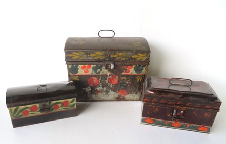 Three toleware boxes in original paint, one varnished over. The largest with dome top and loss to
