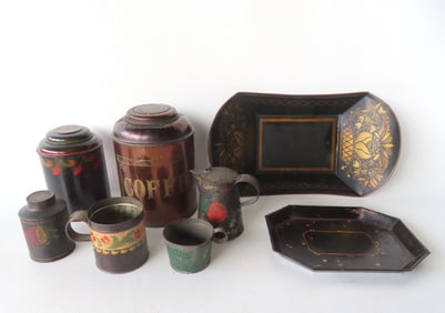 Eight pieces of toleware, all 19th century. Some use wear to paint, but overall good condition. The