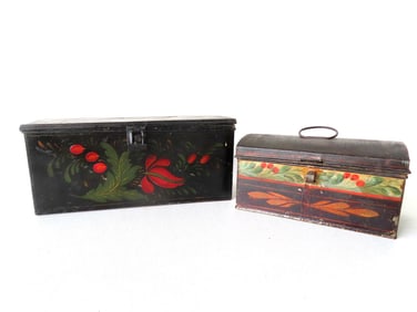 Two toleware boxes, both mid 19th century. Some use wear to paint, but overall very good condition.