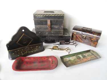 Grouping of 8 pieces of mostly 19th century toleware including: A Paint box; a folding accordion