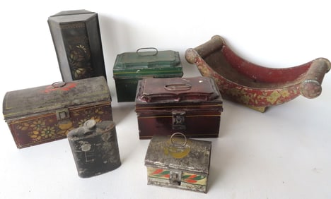 Seven pieces of 19th century toleware, some stenciled, some hand painted, includes: 4 boxes, a rare