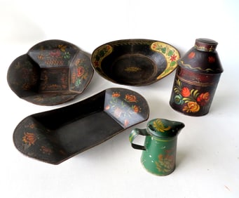 Five pieces of early toleware in original paint, mid 19th century and earlier. Includes a small