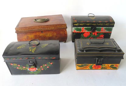 Grouping of 4 toleware boxes, all 19th century, repainted late 20th century. Includes one with newer
