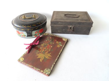 Three pieces of early toleware including: Spice box with 7 interior canisters - mid to late 19th