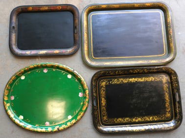 Four toleware trays, late 20th century in newer paint. All in very good condition. The largest