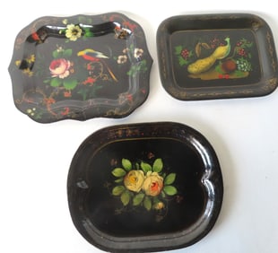Three good toleware trays, all hand painted and believed to be from the 19th century, including: The
