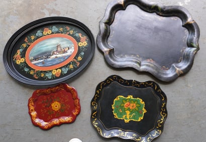 Four toleware trays, late 19th to early 20th century - 2 repainted in the 20th century. The oldest,