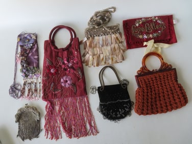 Grouping of 7 fancy ladies bags including evening bag, "Letter" bag, etc. Most in very good